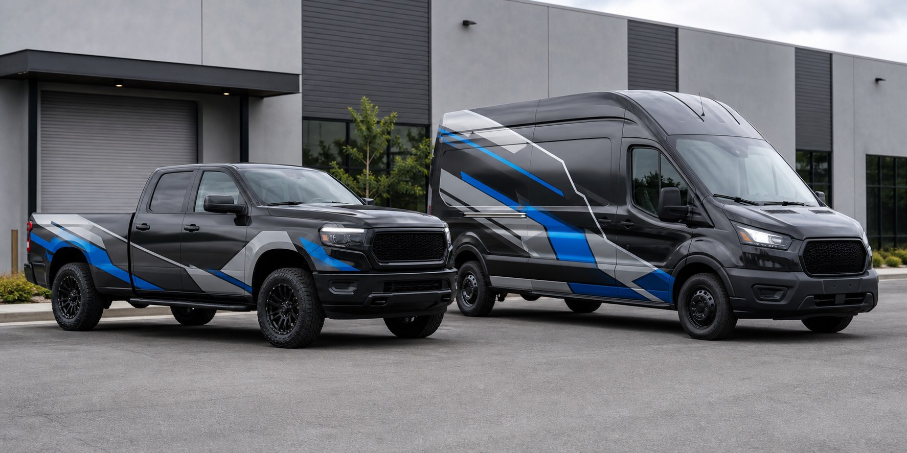 Wrapped work pickup truck and matching wrapped cargo van